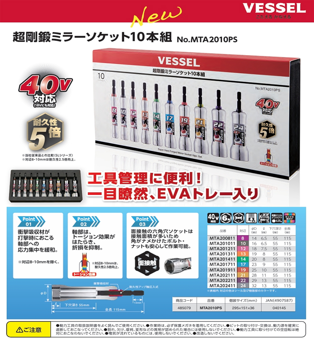 工具管理に便利！ VESSEL 超剛鍛ミラーソケット10本組